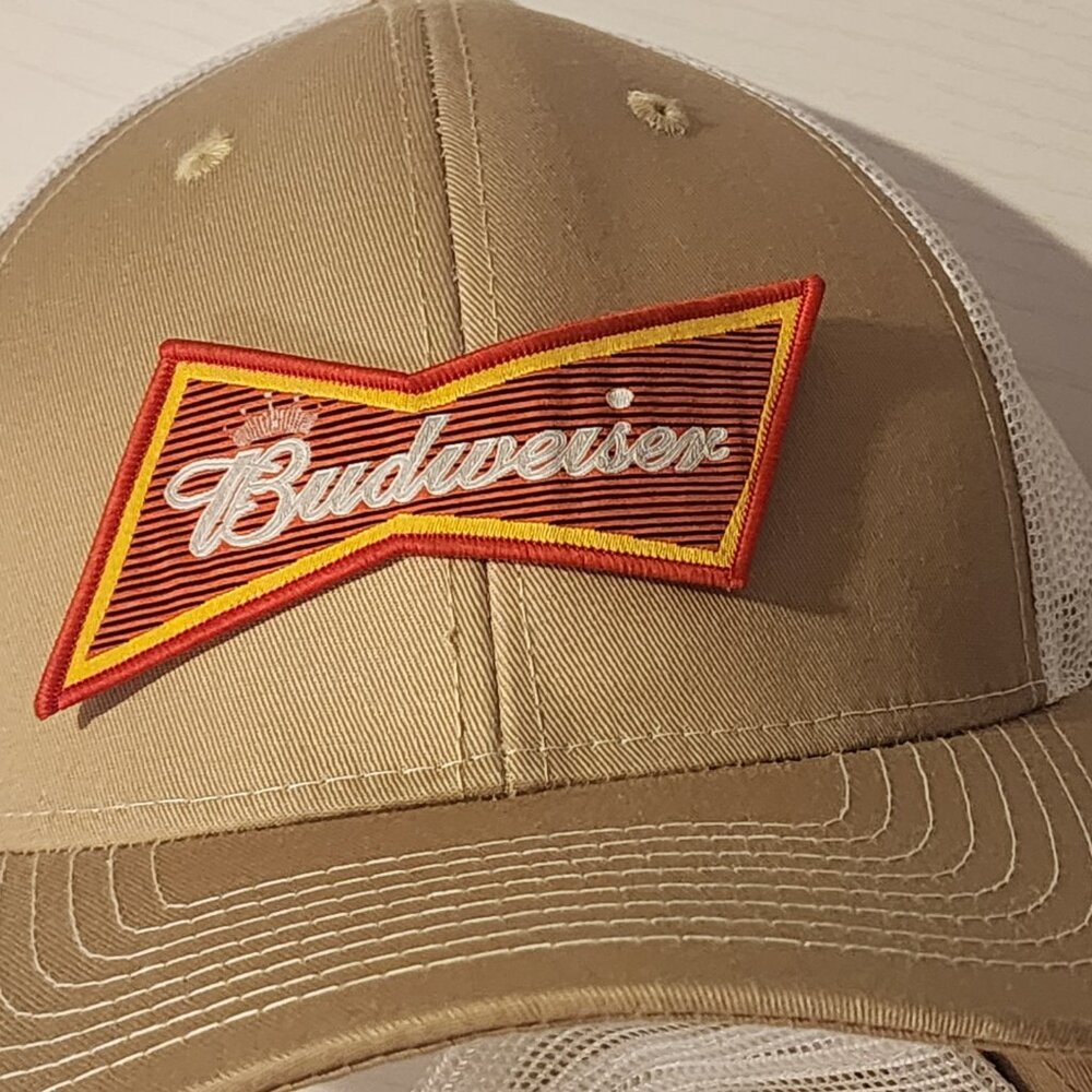 Budweiser Khaki/White Mesh Snapback Trucker Hat.